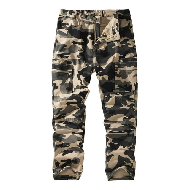 Men's Cargo Work Pants Straight Leg Outdoor Utility Trousers with Zipper Pocket and Camo Print Design for Daily Wear