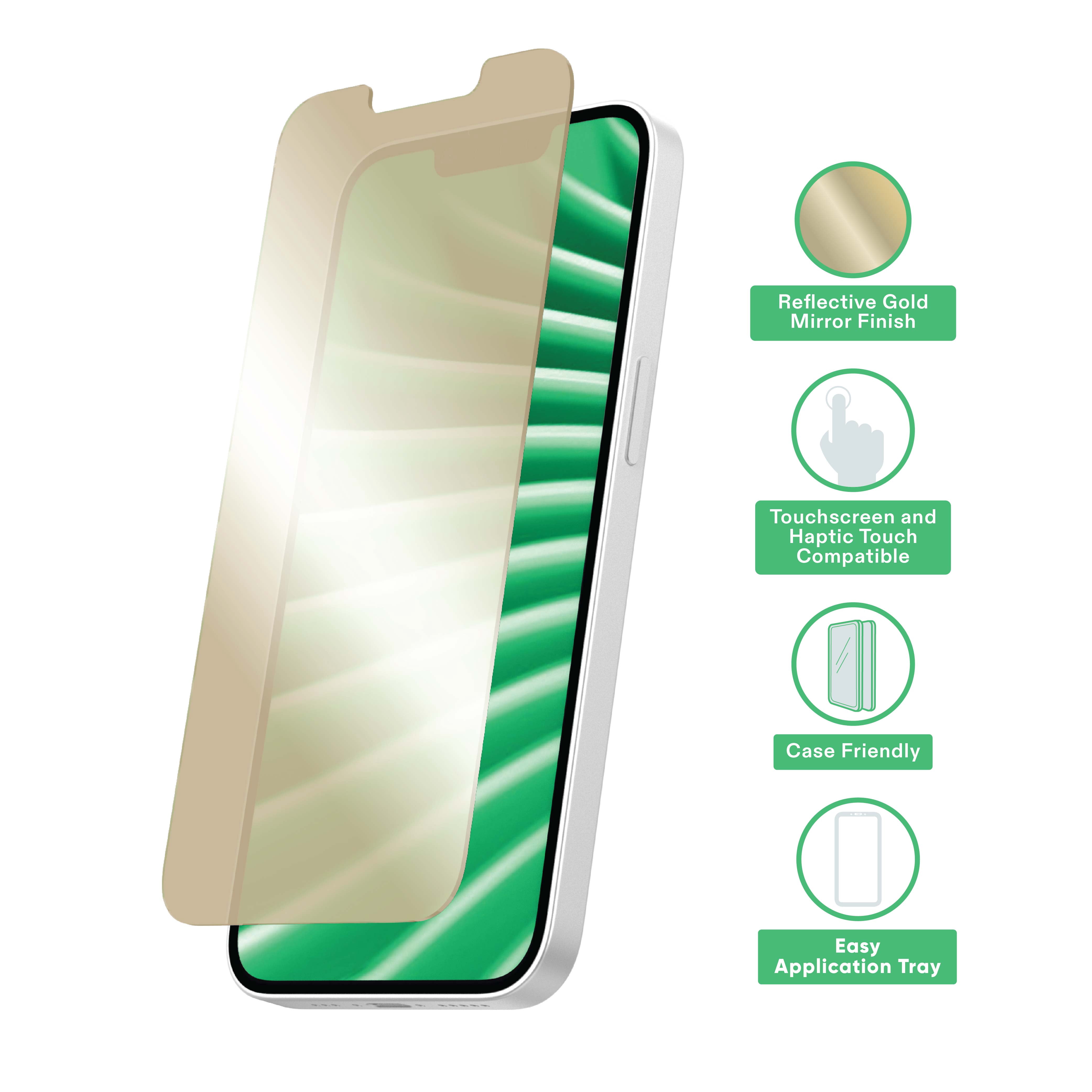 onn Mirror Glass Screen Protector for iPhone 17e / 16e / 14 / 13 / 13 Pro with Easy Application Tray - Gold Mirror Finish