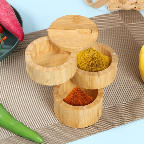 Wekvgz 2Pcs Salt Cellar with Magnetic Lid and Spoon 3 Tier Bamboo Salt Box Large Capacity Salt Container Multipurpose Spice Cellar for Sea Salt Coffee Seasoning Storage