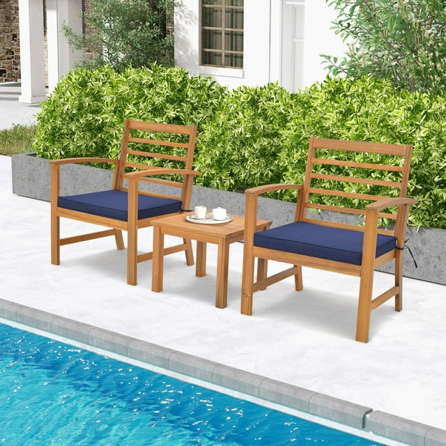 Gymax 3PCS Furniture Set Acacia Wood Conversation Set w/ Soft Seat Cushions Outdoor