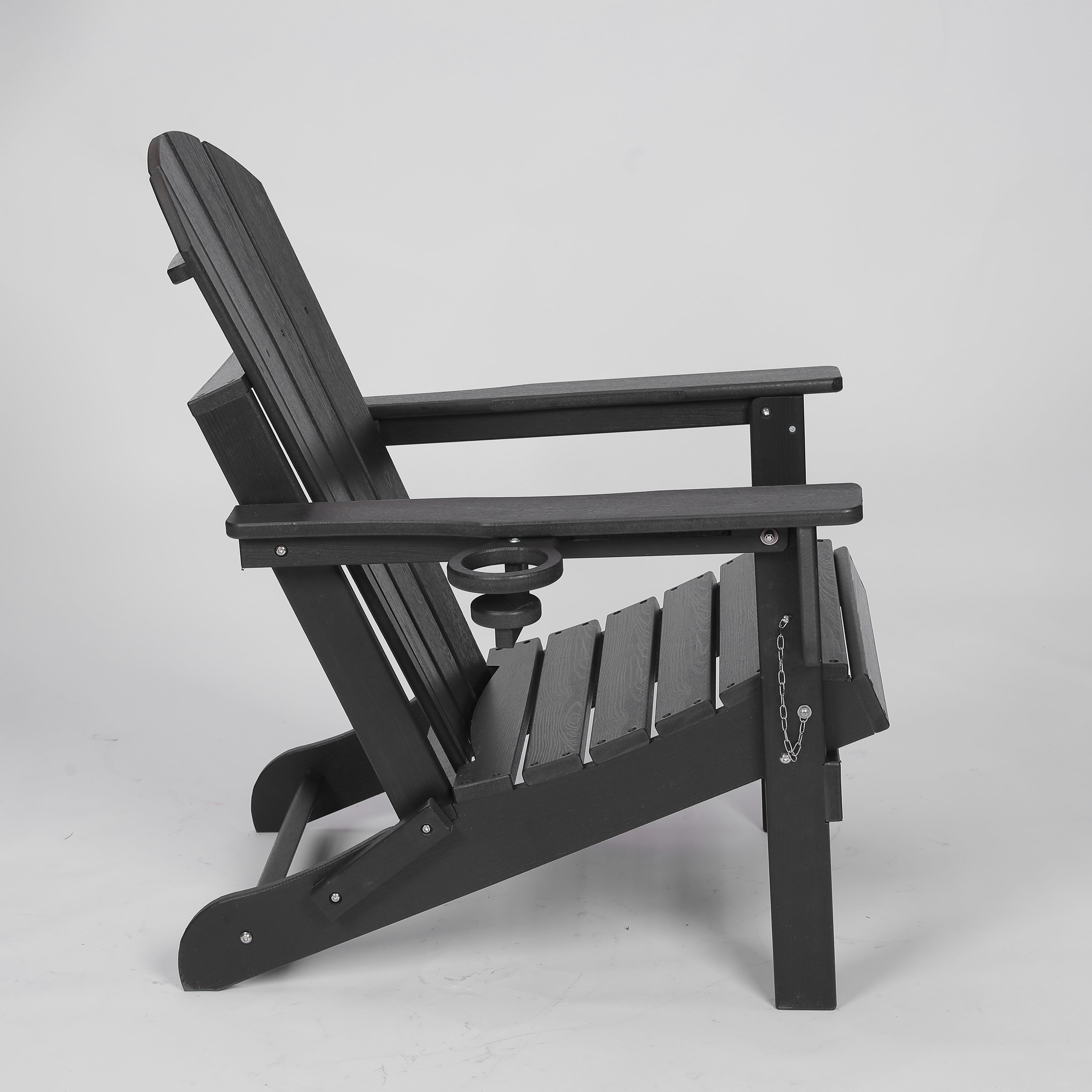FFZ Hdpe Folding Adirondack Chair With Dual Cup Holder Composite Wood Texture Black