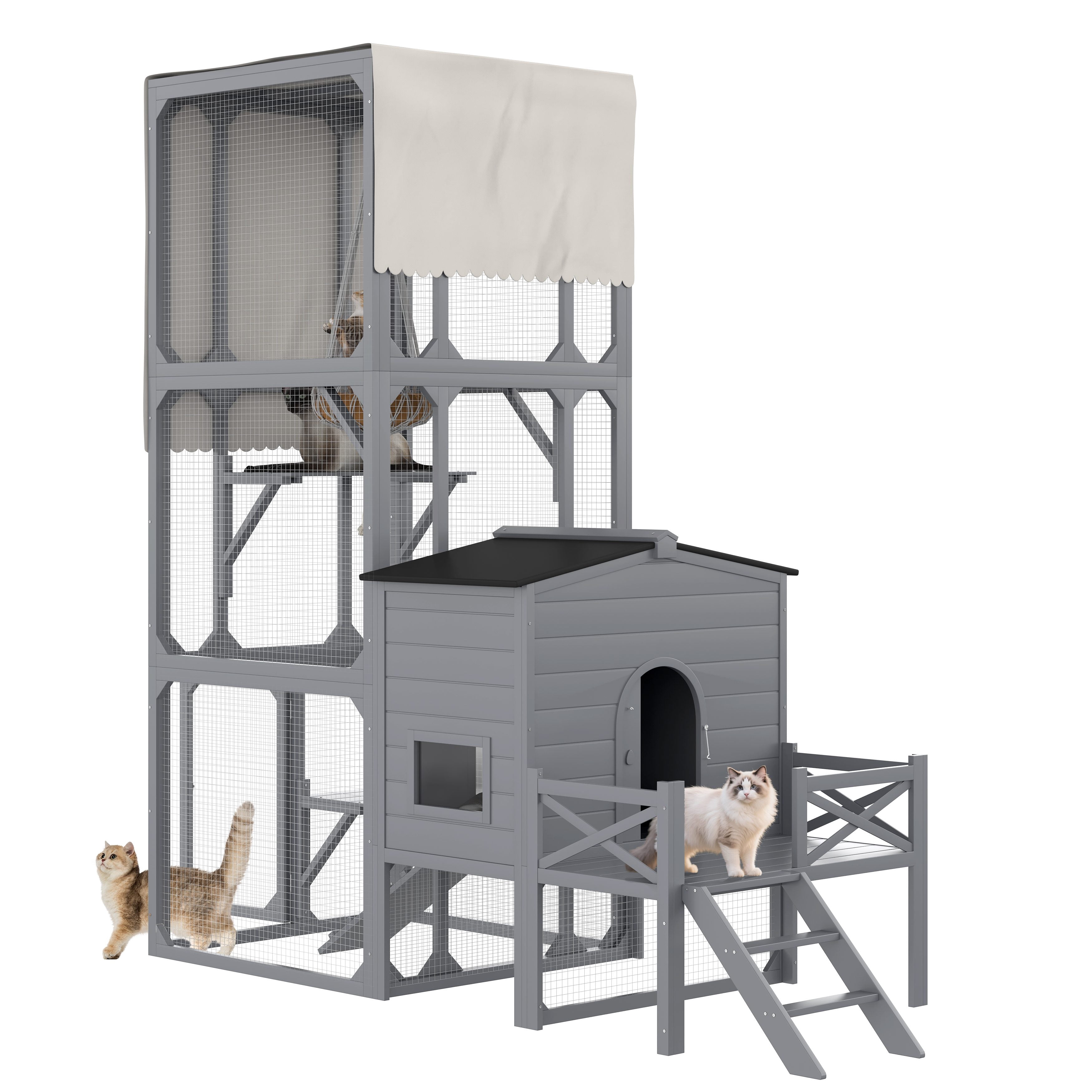 Llinc Store Catio Cat House Outdoor Large Cat Enclosure, Wooden Cat Cage Outdoor with Jumping Platforms and Cat Swing, Removable Waterproof Cover, UV Resistant, 2 Combination, Gray