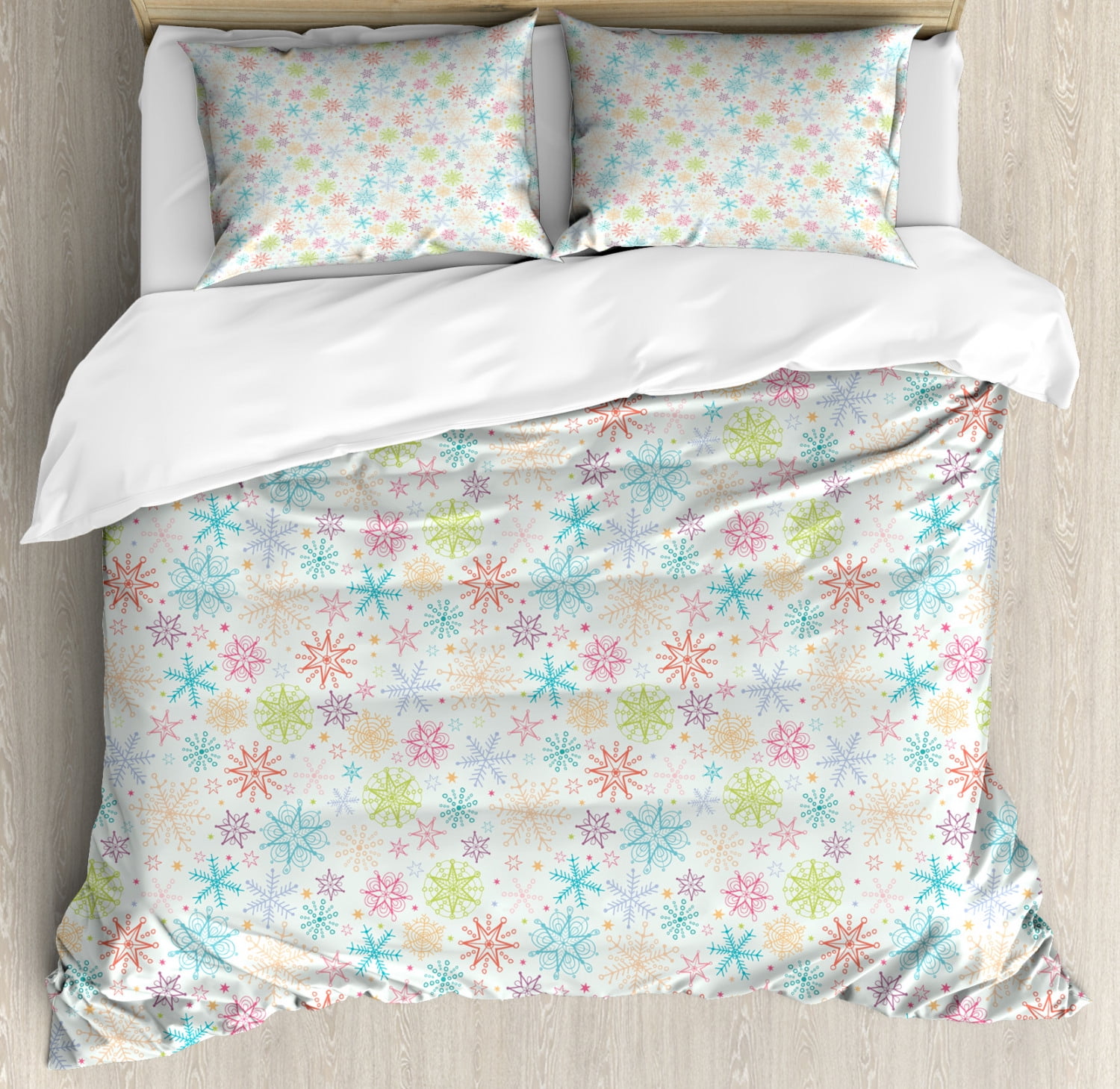 Winter Duvet Cover Set King Size, Colorful Doodle Snowflakes Cheerful