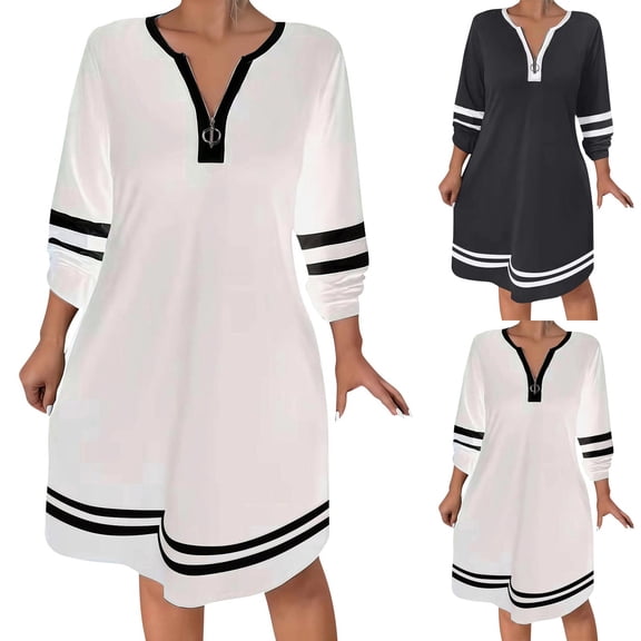 TAGOLD Womens Long Sleeve Round Neck Dress Striped Long Sleeve Zip Front Casual Dress