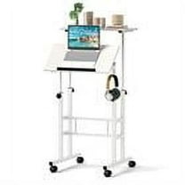 Kepooman Laptop Tables,Printer Stands,Mobile Standing Desk Height-Adjustable Laptop Cart with Split Top and Hanging Hooks-White