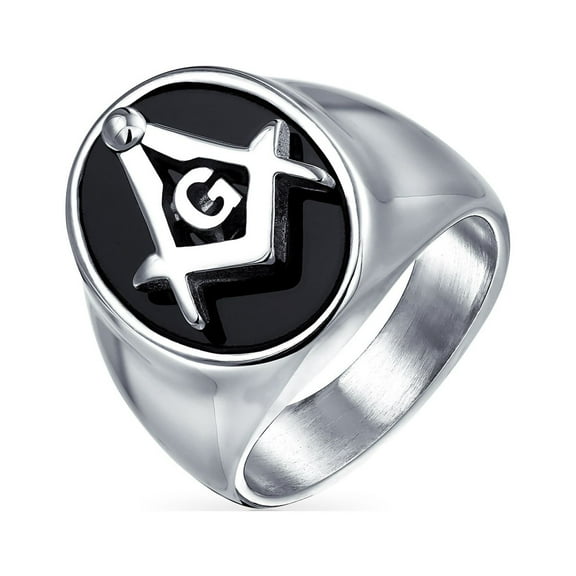 Bling Jewelry Mens Secret Society Mens Stainless Steel Black Oval Masonic Signet Ring Silver Tone
