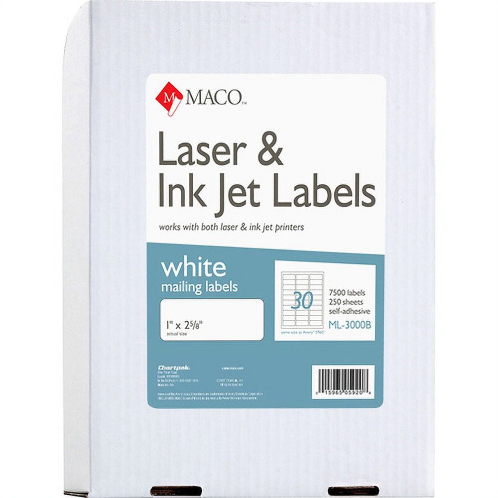 MACO White Laser/Ink Jet Address Label Permanent Adhesive - 1" x 2.62" Length - Rectangle - Laser, Inkjet - White - 30 / Sheet - 7500 / Box
