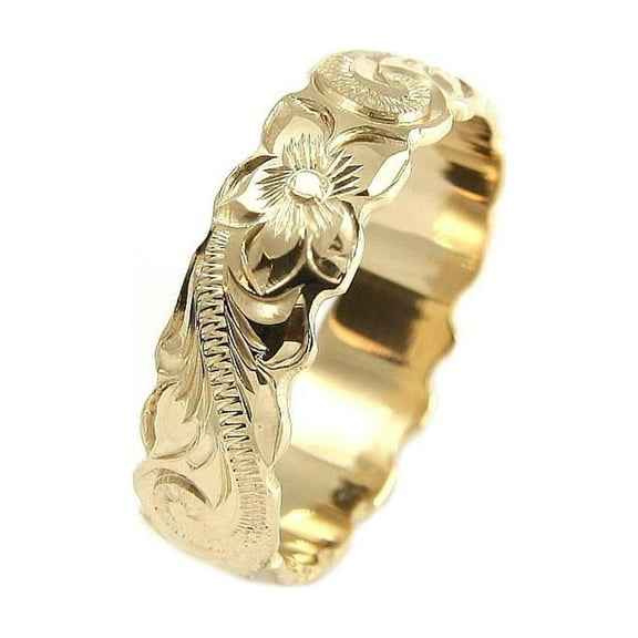 14K yellow gold hand engraved Hawaiian plumeria scroll band ring cut out 6mm