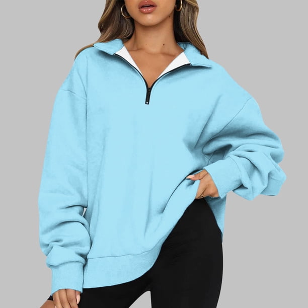 ICHUANYI Clearance Fashion Women Casual Pure Colour Lapel Neck Long Sleeve Loose T-Shirt Blouse Pullover Tops(Sky Blue, XXL) ICHUANYI WER2023080900329