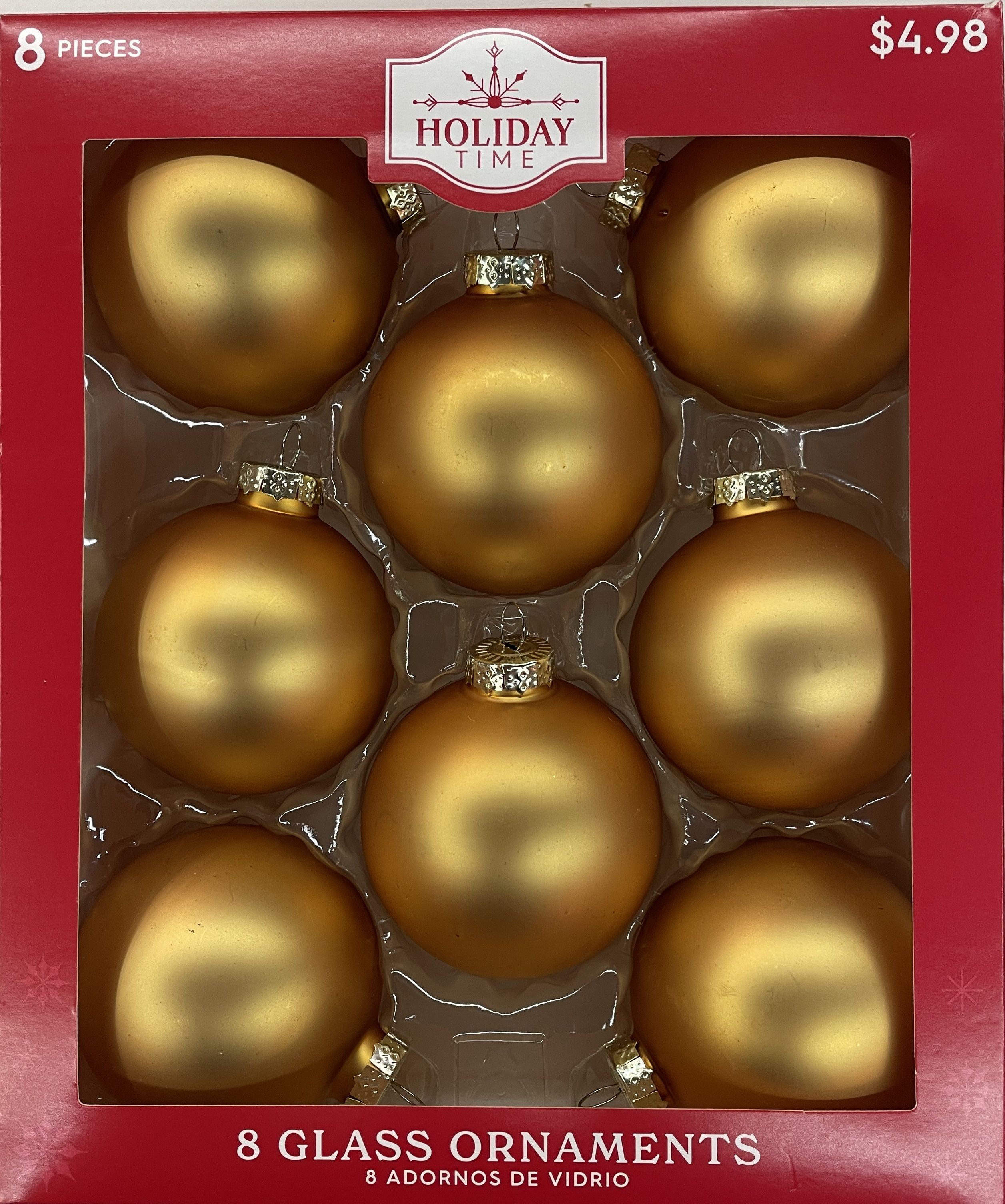 Holiday Time Solid Glass Ball Christmas Ornaments, 2 5/8" (67MM), 8 Count, Boxed Glass, Matte Gold