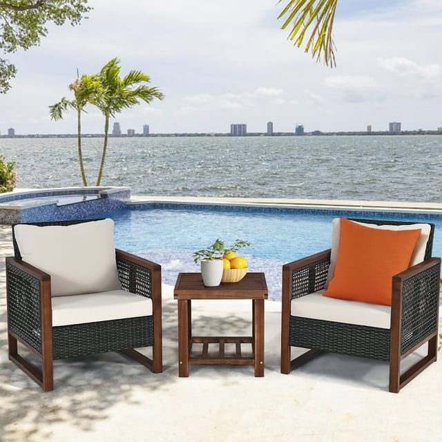 Costway 3PCS Patio Wicker Furniture Set Solid Wood Frame Cushion Sofa Square Table Shelf