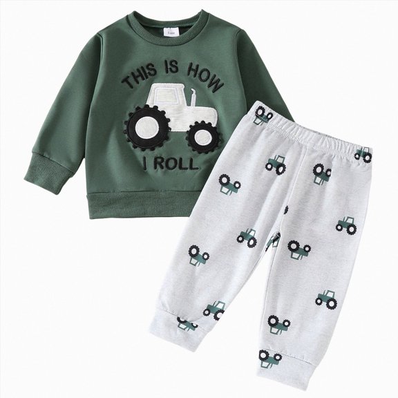 YDFCWXW Toddler Baby Boy Winter Clothes Sets Long Sleeve Shirt Tops Long Pants 2Pcs Sweatsuit Outfits Clothing (Green, 12-18 Months)