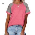 thumbnail image 1 of Femmes T-Shirt Couleur Bloc Manches Courtes Top Femmes Rond T-Shirt Femmes Col Chemisier Causal, Rose, M, 1 of 6