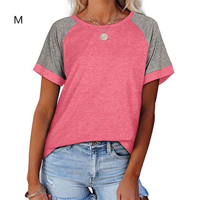 Femmes T-Shirt Couleur Bloc Manches Courtes Top Femmes Rond T-Shirt Femmes Col Chemisier Causal, Rose, M
