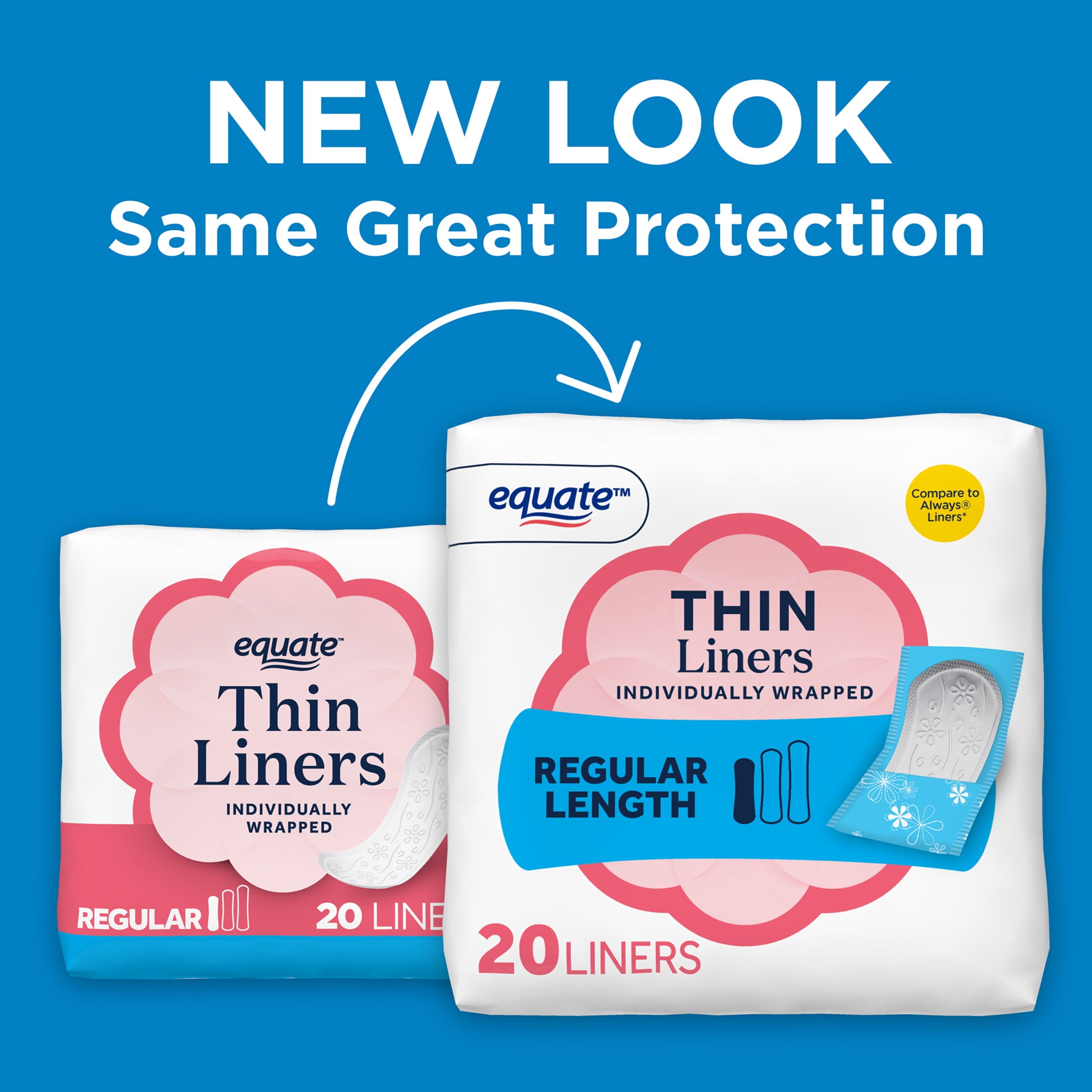 (12 pack) Equate Thin Panty Liners, Regular Length, Individually Wrapped, Compare to Always, 20 Count