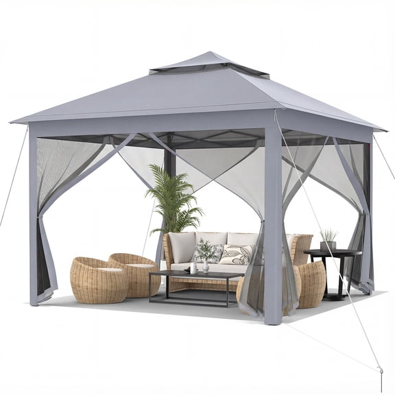 Gymax 11 ft x 11 ft Pop up Gazebo w/Mesh Netting Sidewalls Vented Top Drainage Holes Grey