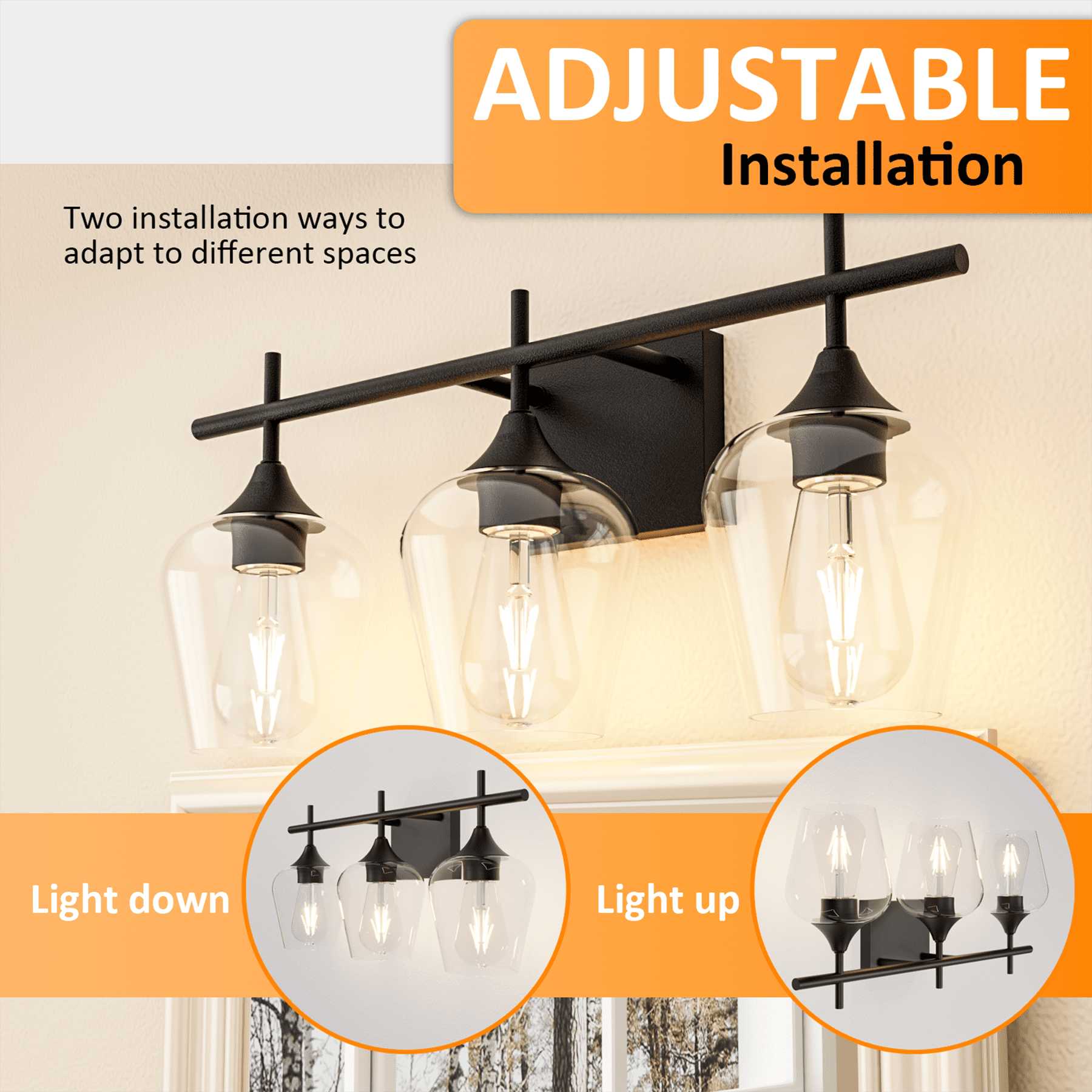 Homechoose 3-Light Bathroom Light Fixtures, Black Modern Vanity Lights with Clear Glass Shade, Bathroom Wall Lamp for Mirror Kitchen Living Room Hallway Cabinet Porch
