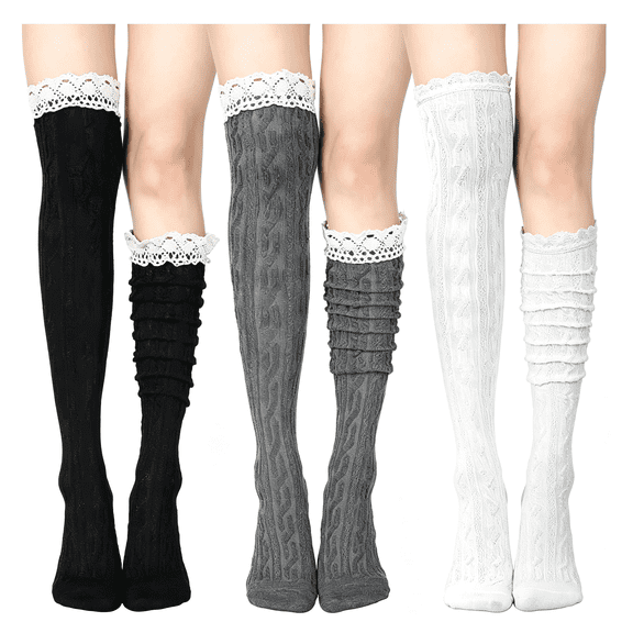 TELOLY 3/6Pair Women Knee High Socks with Lace Trim Cotton Knee High Stockings Knit Boot Socks for Boots Casual Chic Lace Knee High Socks