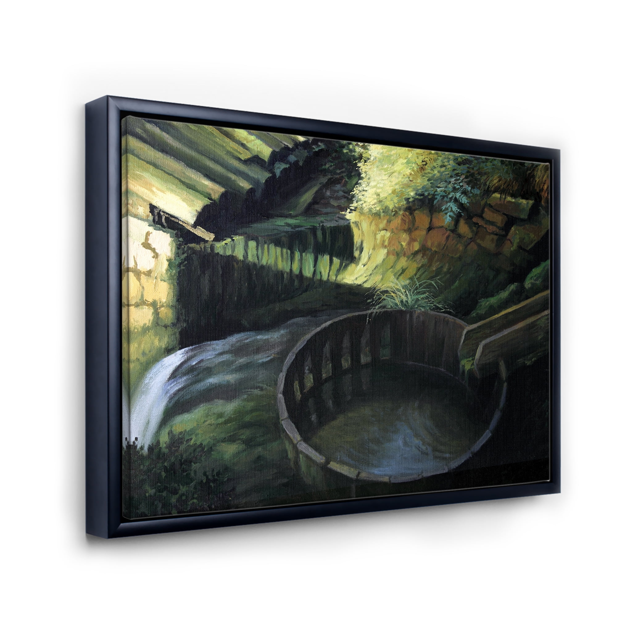 Designart 'Old Watermill In Green Nature Landscape' Lake House Framed Canvas Wall Art Print