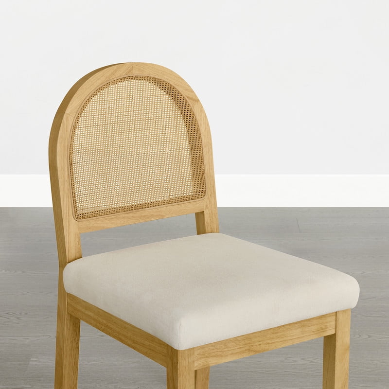 Spruce & Spring Boho Upholstered Dining Chairs Set of 2 with Natural Cane Back, Solid Natural Wood Frame for Kitchen Island, Cream Fabric