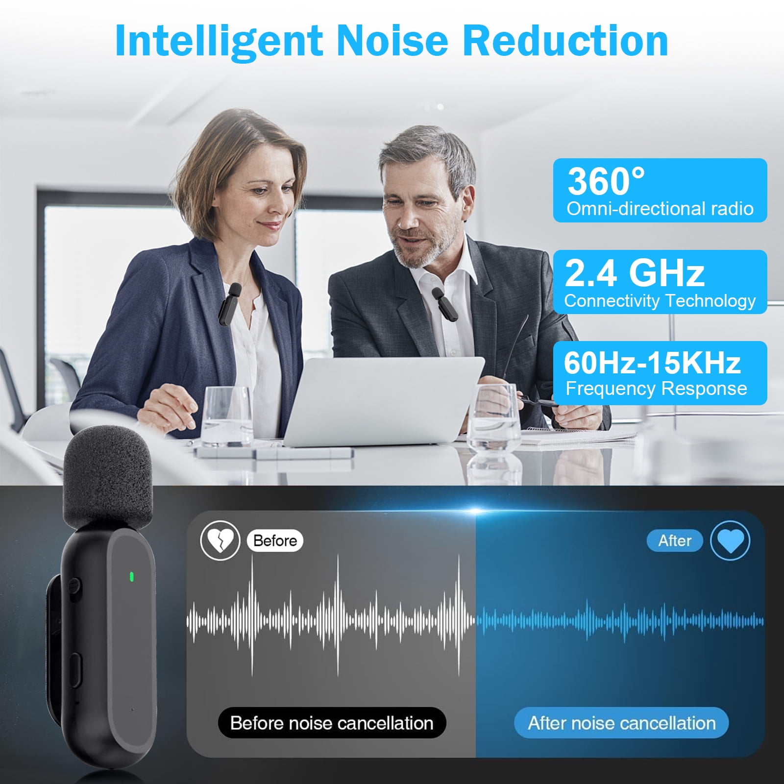 Professional 2.4GHz Dual Wireless Lavalier Microphone Kit w/Charging Case - Noise Cancelling Clip Mic for Android, Type-C Phones, Live Streaming, YouTube Videos