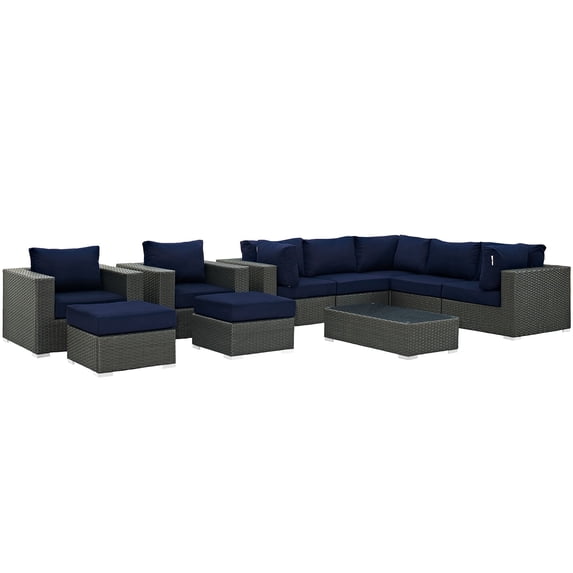 Modern Contemporary Urban Design Outdoor Patio Balcony Ten PCS Sectional Sofa Set, Navy Blue, Rattan