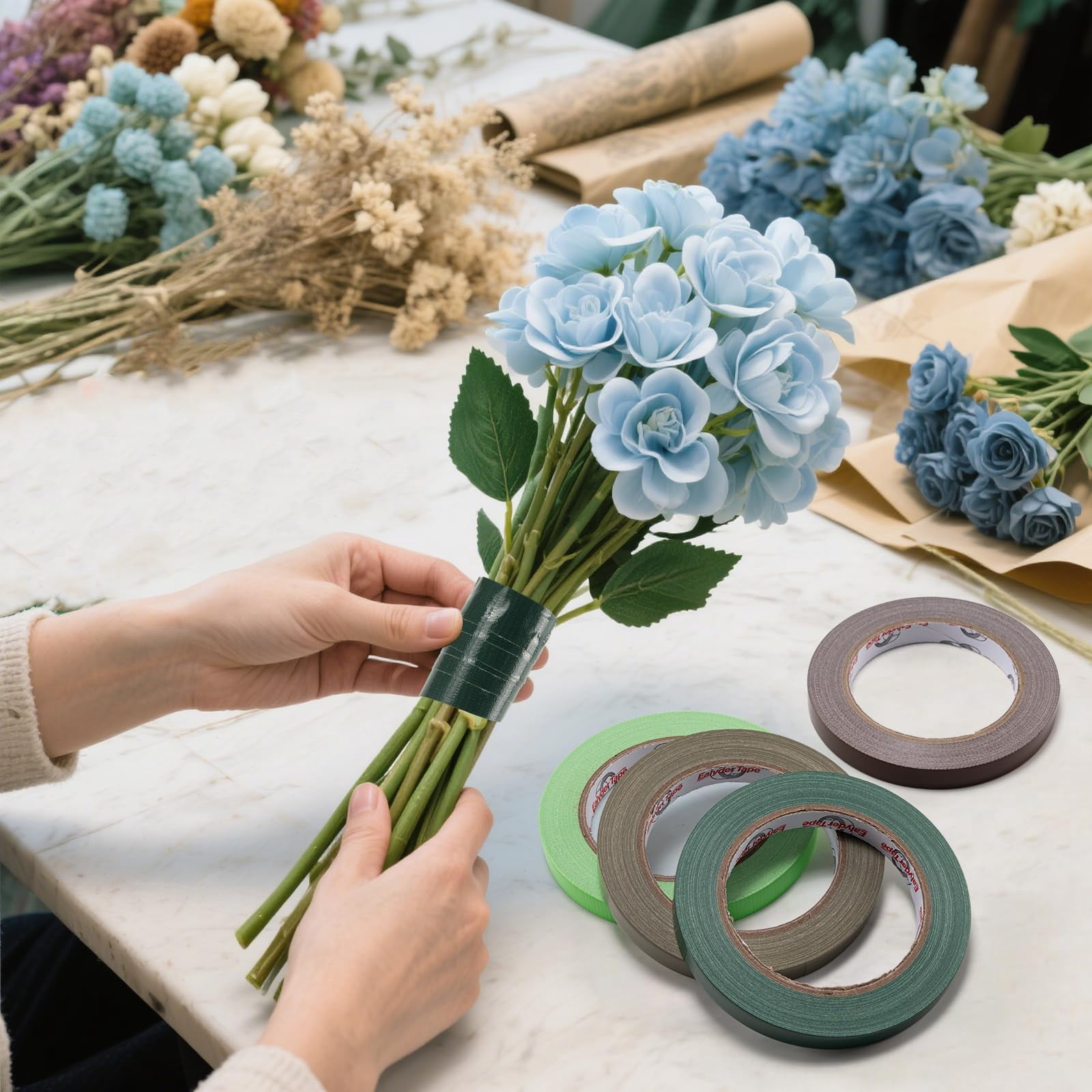 2 Rolls Green Floral Tape 0.47 Inch– Waterproof Florist Tape for Fresh Flowers, Bouquet Binding, Wedding Bouquet Wrap & Floral Crafts