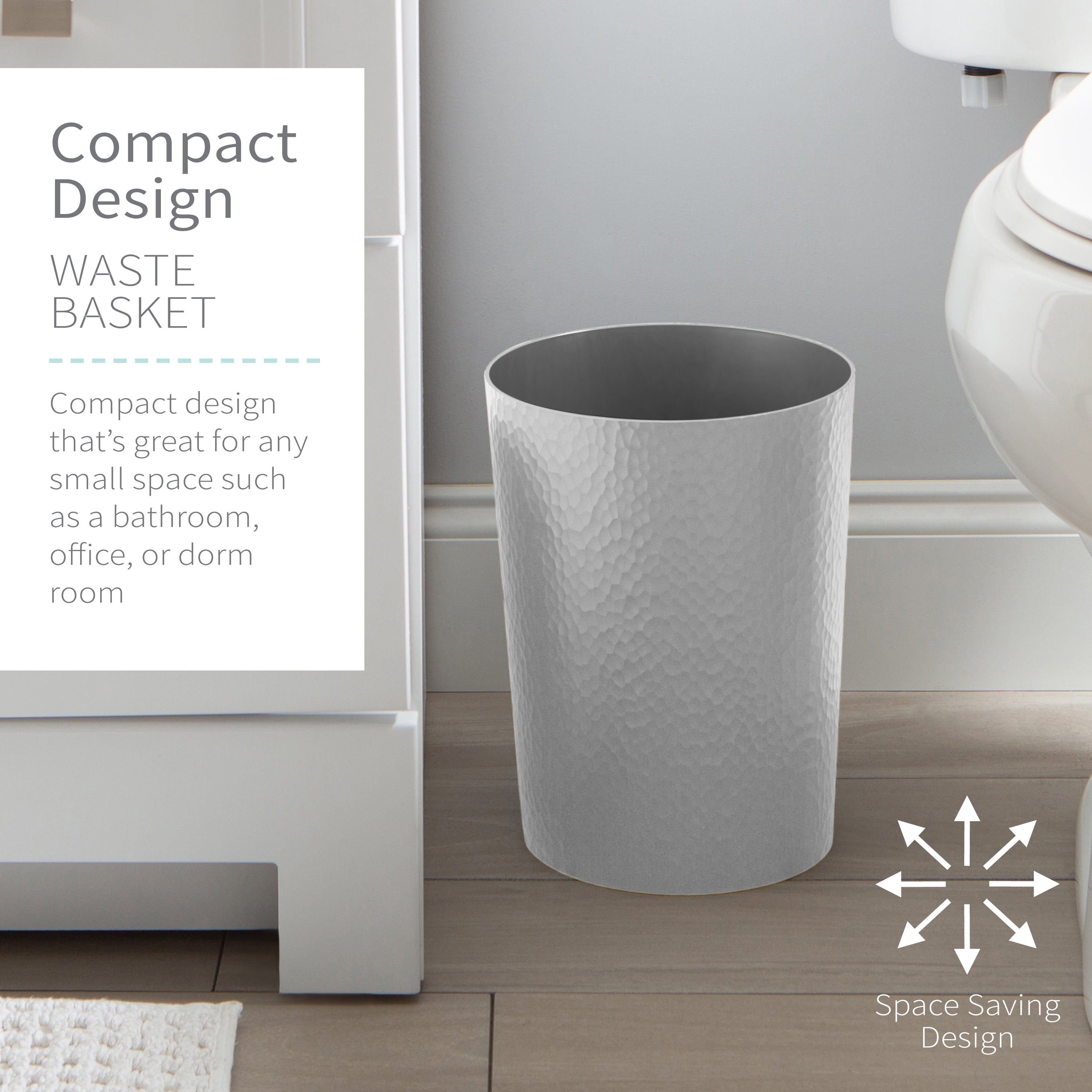Bath Bliss 2 Pack 10 Liter Hammered Textured Bathroom Trash Can Wastebasket, Pewter