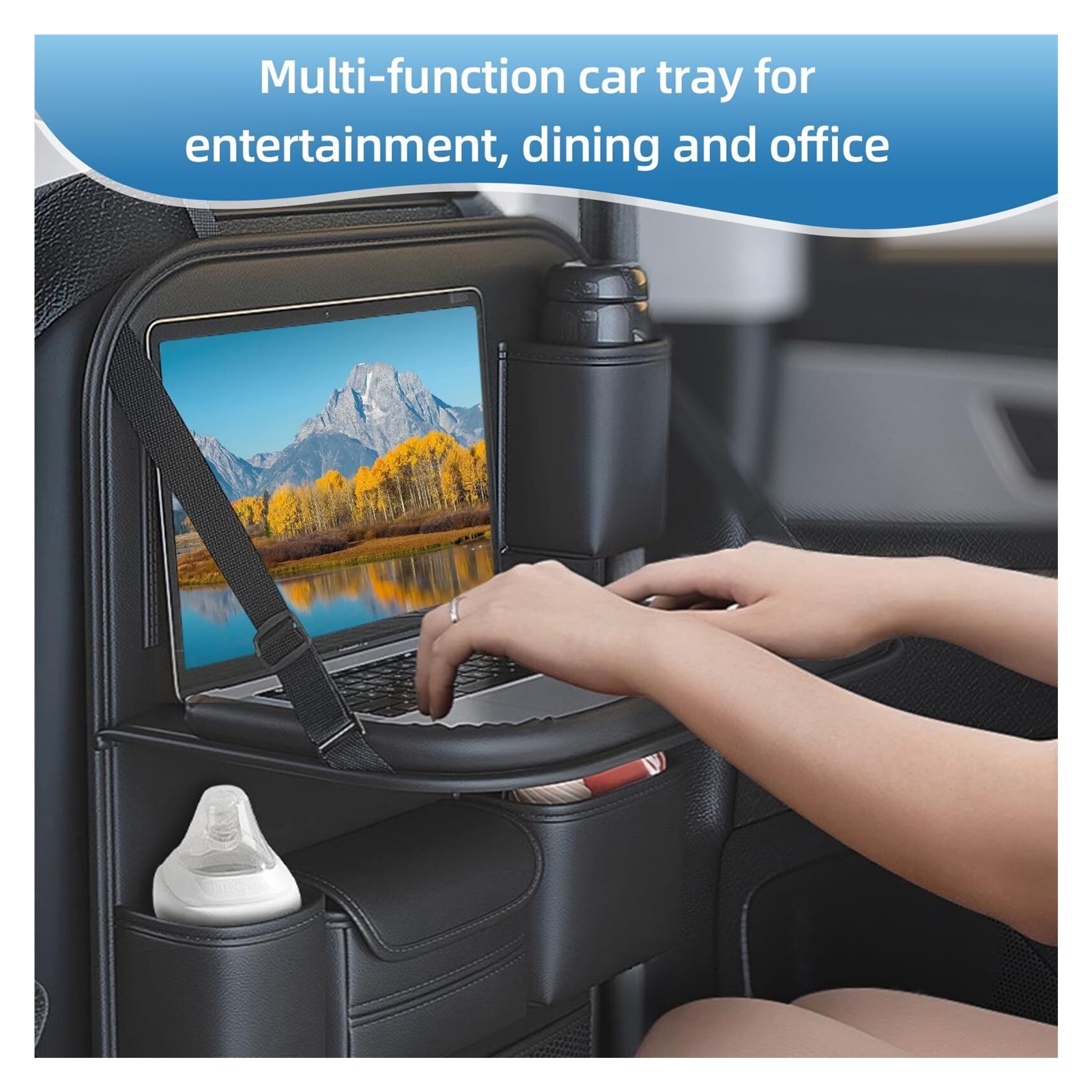 GUANGHUI Leather Car Backseat Organizer with Foldable Table Tray, Car Seat Back Protectors Kick Mats, Foldable Car Seat Organizer with Tablet Holder