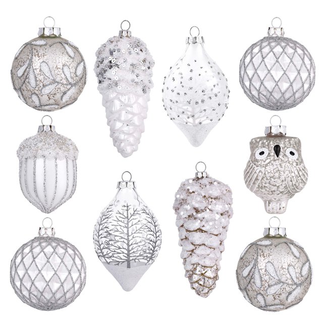 Set de adornos navideños Valery Madelyn Glass de 10 quilates, color blanco/plateado