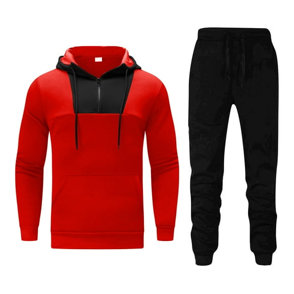 2PC Men's Collar Zipper Colorblock Pullover Jacket Hooded Sports Jacket Sweater Top   Pants Set On Red 8(XL)