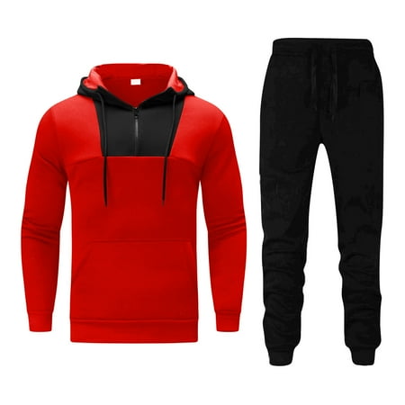 guisaled Mens Tracksuit 2 Piece Hoodie Jogging Sweatsuits Sets Casual Color Block Patchwork Running Sportwear Workout Sets for Men