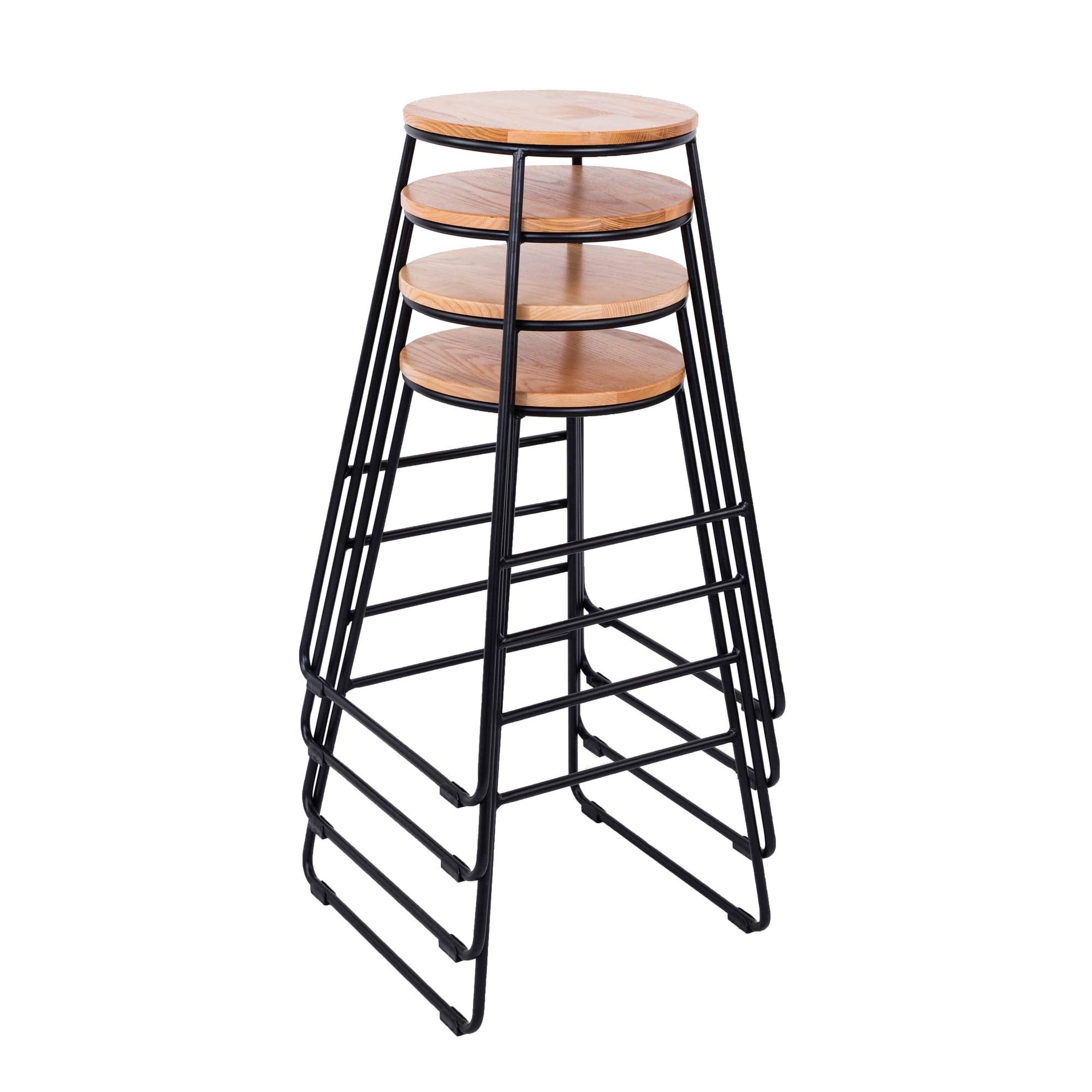 Mainstays Backless Bar Stool Set of 4, 27.9 in, Black Steel Base with Natural Rubberwood Seat