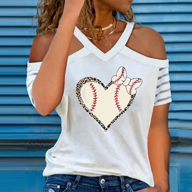 Hauts d'Été Grande Taille pour Femmes Mode Décontractée Col en V Blouse Imprimée Manches Courtes Épaules Dénudées T-Shirt Hauts d'Été Col en V T-Shirt Femmes en Solde