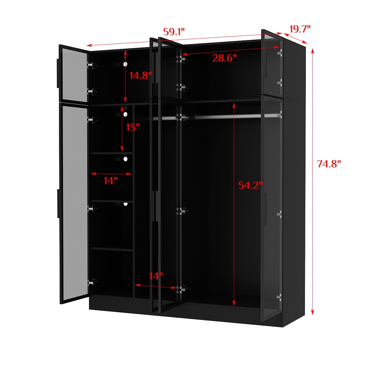 KULAGAGA Bedroom Wardrobe with Glass Doors and Lights,  Armoire Closet Cabinet with Hanging Rod and Shelves, 59" W