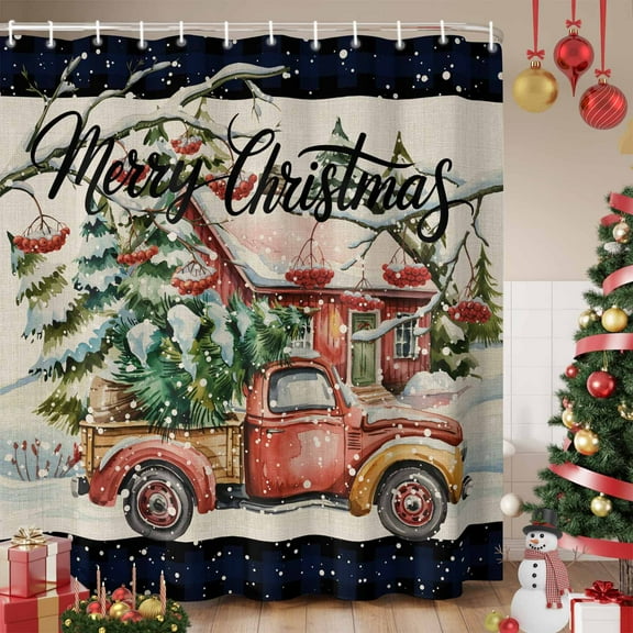 Christmas Red Truck Shower Curtain, Winter Farmhouse Rustic Xmas Tree Waterproof Fabric Shower Curtains with 12 Hooks, Bathroom Curtain Set for Bathroom Accessories Decor, 60 x 72 Inches