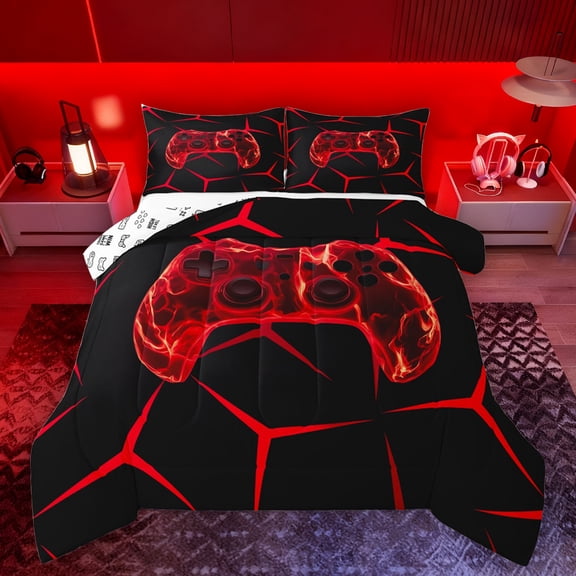 Homewish Gamer Gaming Bedding Comforter Set,Modern Geometric Hockeycomb Twin Comforter Sets,Red Gamepad Bedding Set For Boys Teens,Microfiber Bedroom Decor Reversible,2pcs