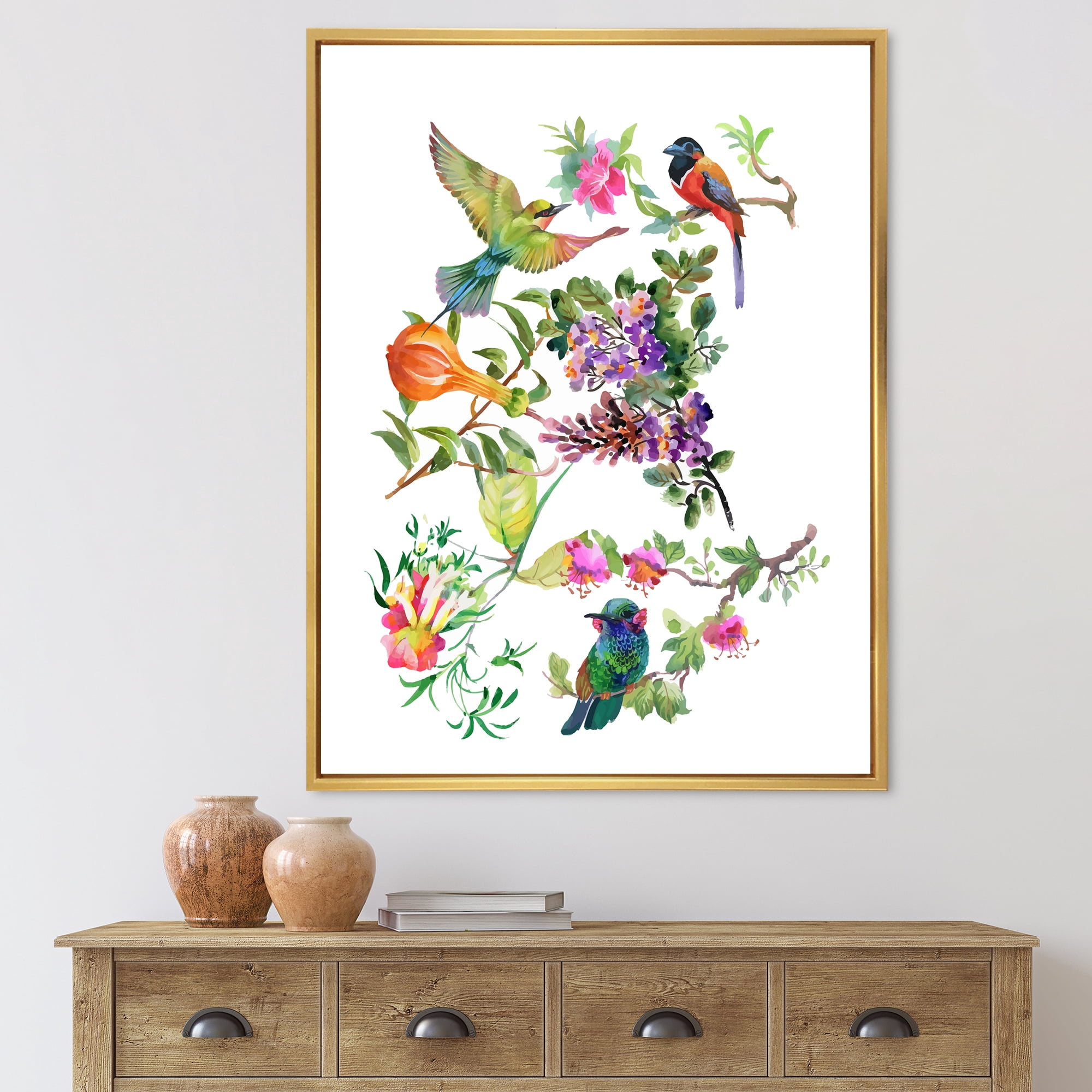 Designart 'Colourful Birds and Tropical Flowers II' Traditional Framed Canvas Wall Art Print