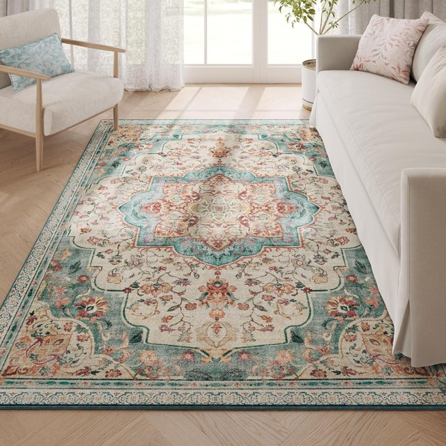 SONGMICS HOME Area Rug, 5x7 ft Rug for Bedroom, Non-Slip Carpet, Traditional Vintage Style, Home Decor, for Living Room, Kitchen, Entryway, Dining Room, Machine Washable, Teal Blue UTAR036Q01