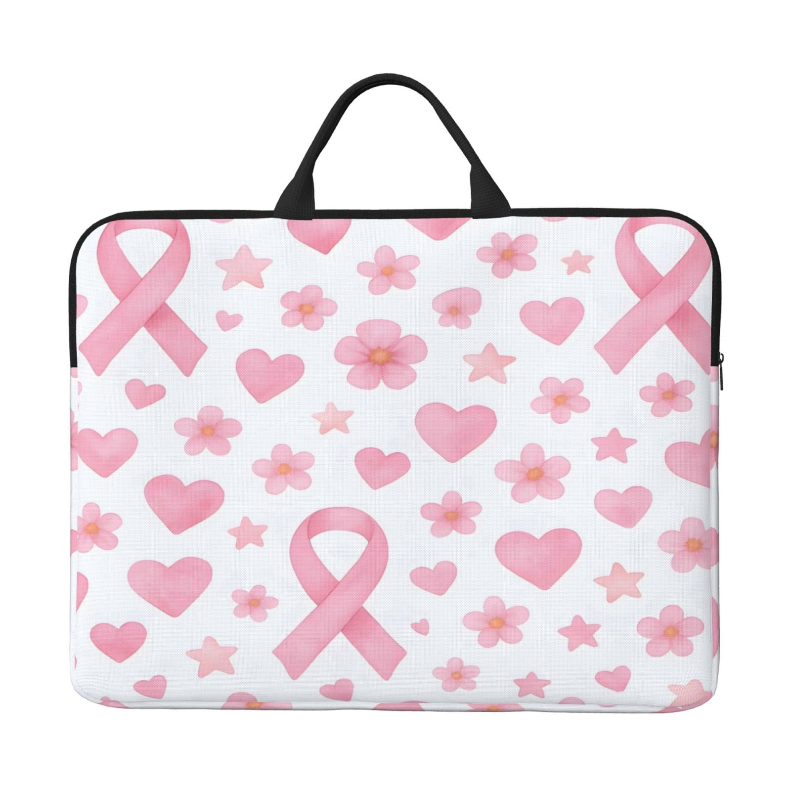 Laptop Sleeve Bag For Women Men 14inch Waterproof Durable Protective Computer Carrying Cover Handle Laptop Case Bag Watercolor Pink Ribbon Pattern With Hearts And Stars
