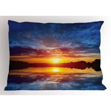 Ambesonne Lake Pillow Sham, Dreamy Sunset Scenery, 26" X 20", Blue Pale Orange Yellow