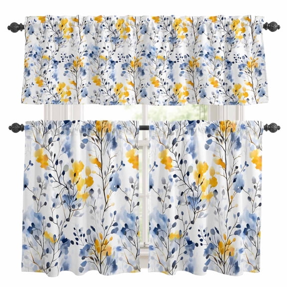 Blue Yellow Spring Floral Kitchen Curtains Sets for Windows 36 Inch Length, Summer Botanical Abstract Rod Pocket Window Treatments Tier Curtains and Valances Set for Bedroom/Bathroom