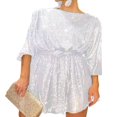 thumbnail image 1 of Robe de Soirée à Paillettes pour Femmes, Scintillante, Manches Longues, Col, Courte, Robe Cocktail avec Ceinture, 1 of 3