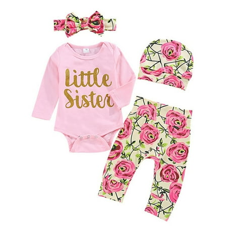 

Infant Toddler Baby Girls Little Sister Outfits Romper Bodysuit Tops + Long Pants + Hat + Headband 4Pcs Clothes Set
