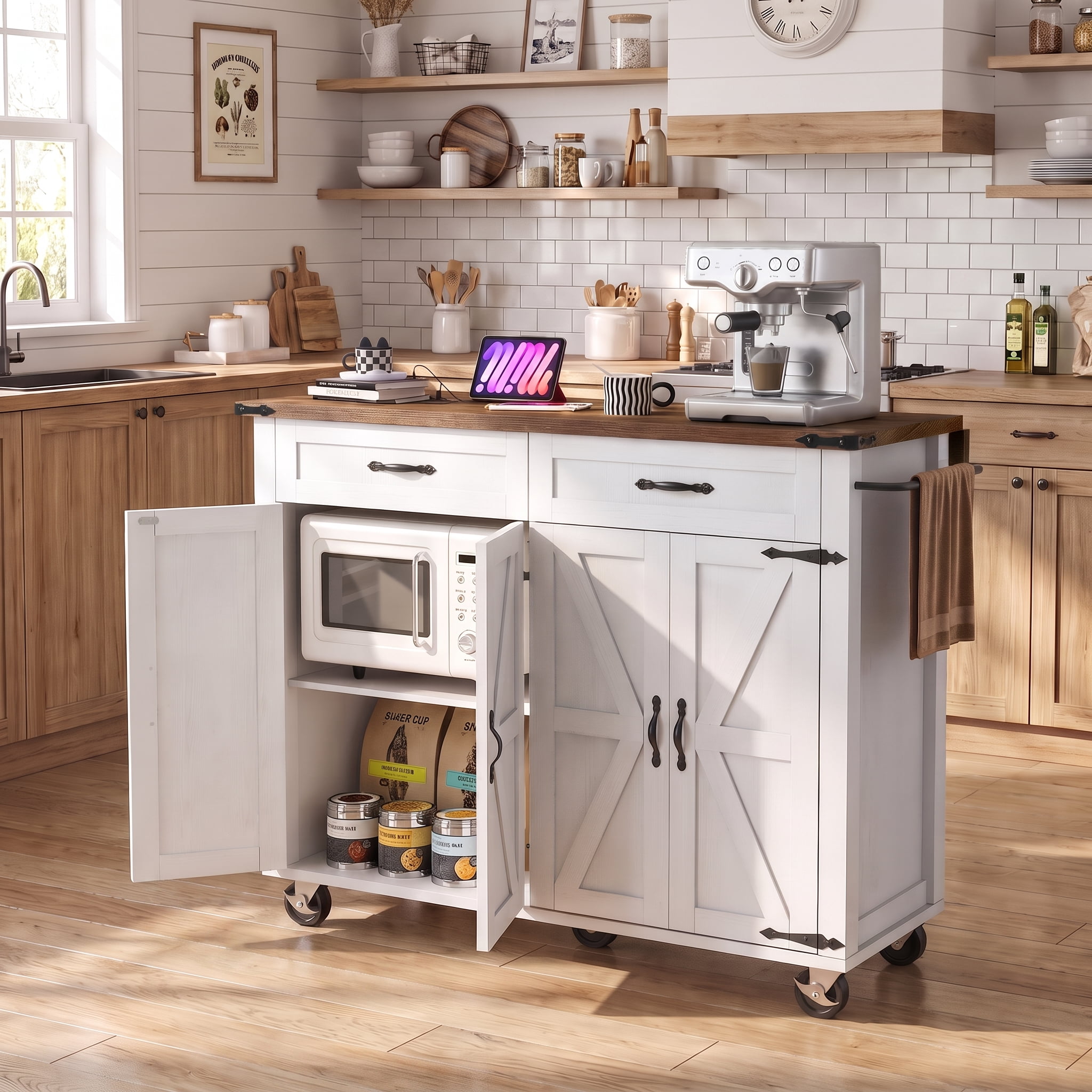 Homy Casa 53.5" Farmhouse Kitchen Island Cart with Drop Leaf, Storage and Power Outlet, White