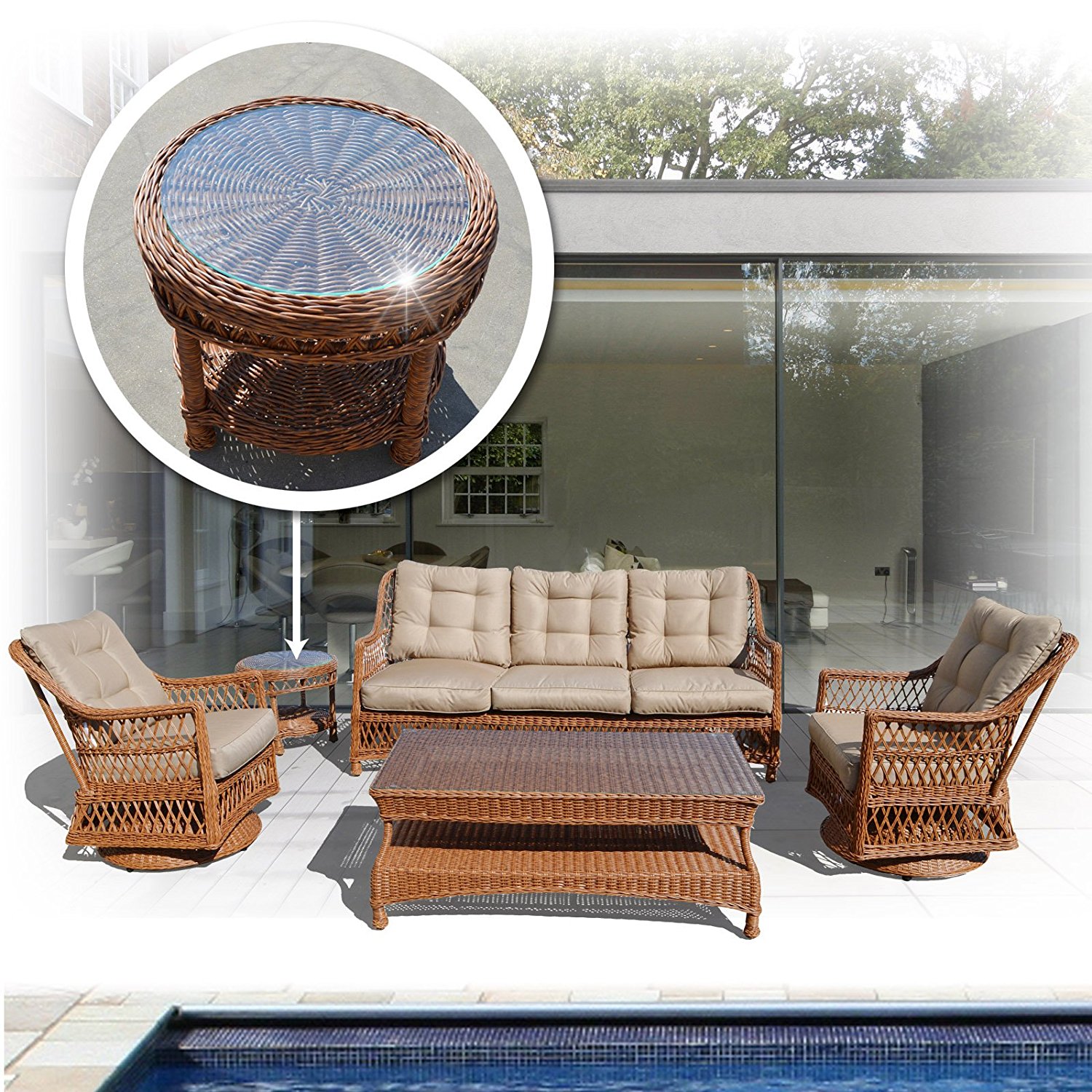 Sunny 5pc Wicker Rattan Table Chair Patio Sofa Furniture Set with Cushions Outdoor Garden W/ 3 Swivel Revolving Chairs and 2 Tables
