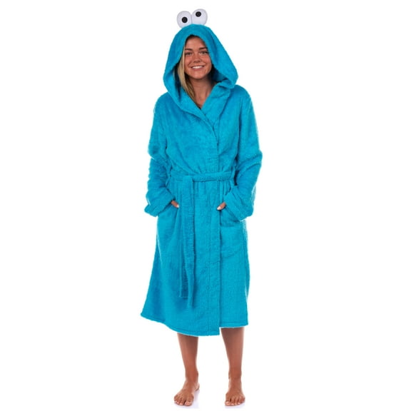Sesame Street Robe Cookie Monster Adult Faux Fur Self-Tie Hooded Bathrobe