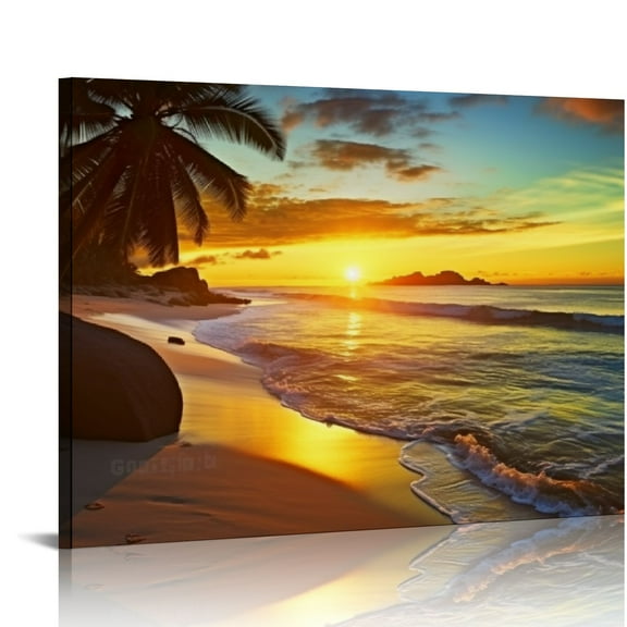 Creowell  Canvas Wall Art Tropical Beach At Sunset Seascape Picture Paintings Artwork Prints Framed Ready to Hang for Home Office Bedroom Living Room Kitchen Wall Decor 20x16 in/16x12 in