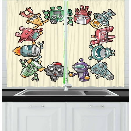 Kids Party Curtains 2 Panels Set, Friendly Robot Characters Circle Futuristic Sci Fi Machines Cute Children Toys, Window Drapes for Living Room Bedroom, 55W X 39L Inches, Multicolor, by (100 Best Sci Fi)