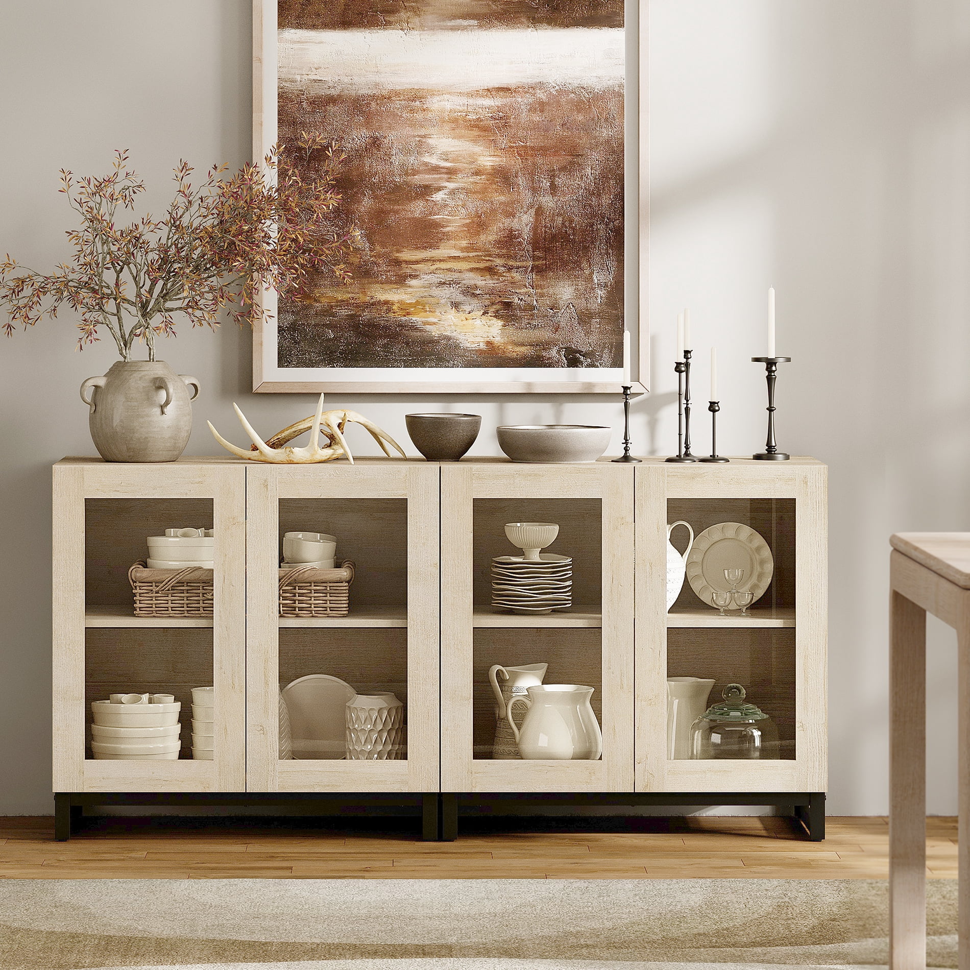 WAMPAT 2-in-1 Multifunctional Sideboard Buffet Cabinet with 4 Glass Doors and Adjustable Shelf Coffee Bar Storage Cabinet for Living Room Kitchen,Beige